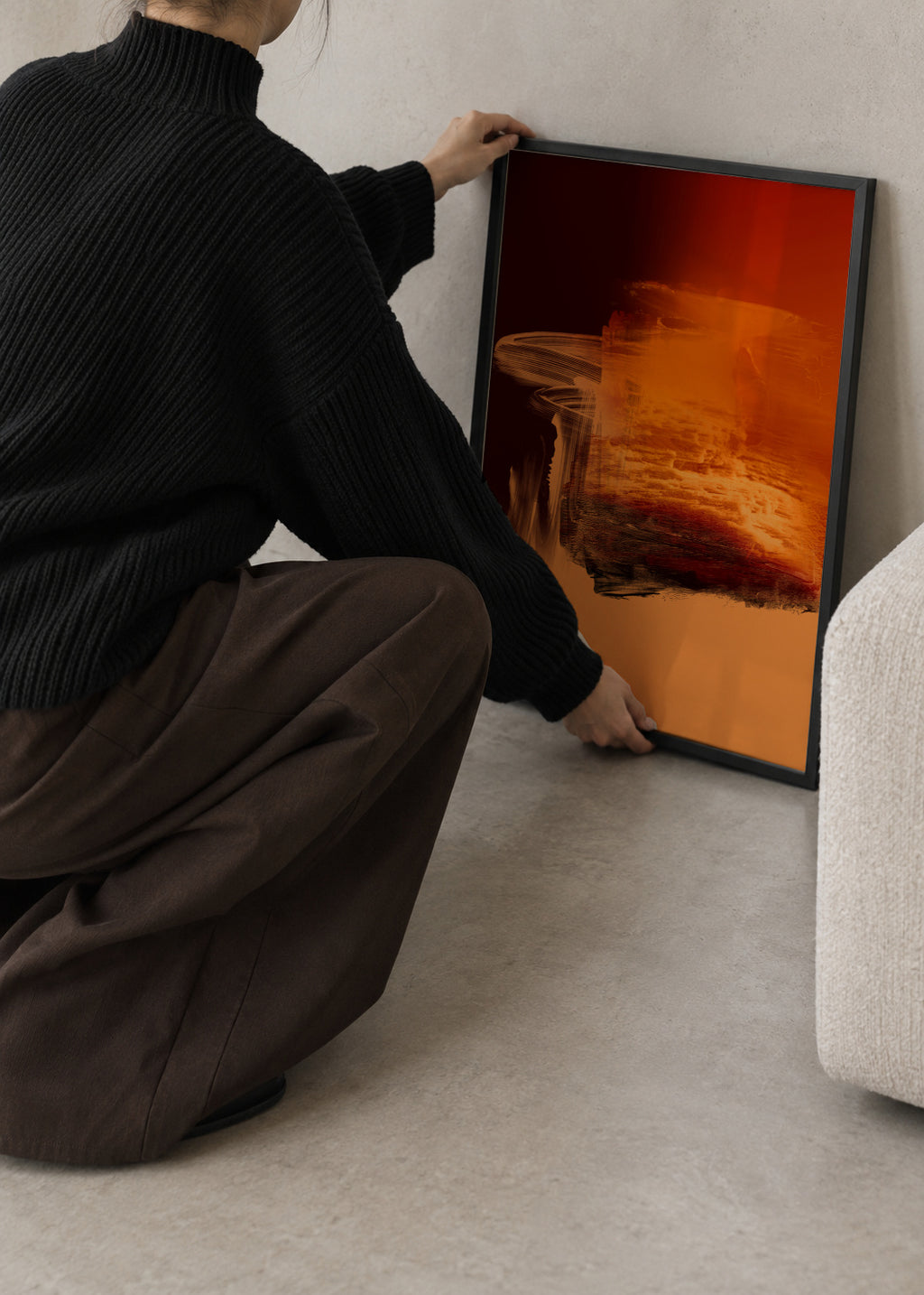 Expressive Fiery Orange Abstract - Framed poster in an interior