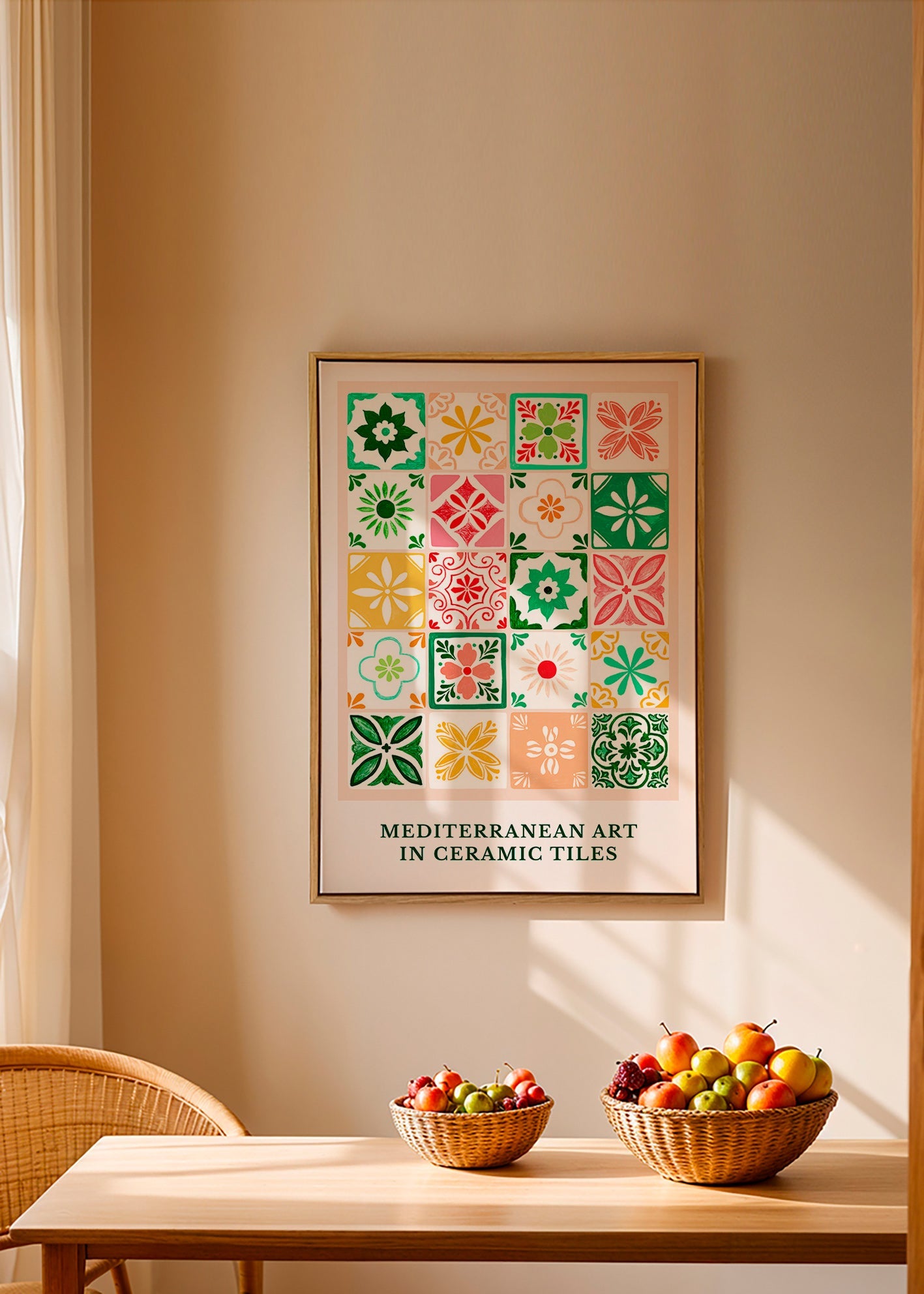 Botanischer Druck mit mediterranen Fliesenmotiven