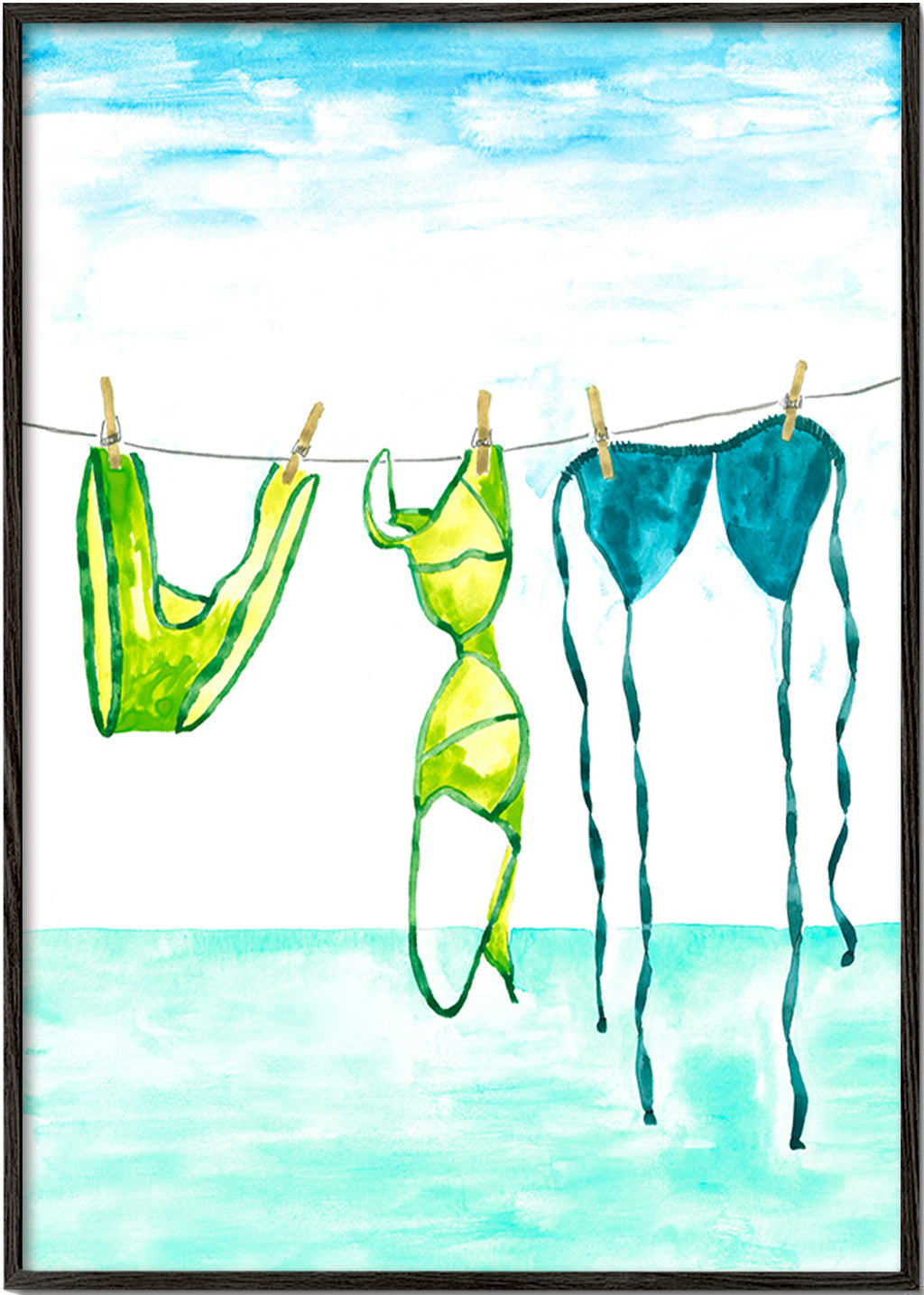 Illustration: Bikinis am Strand aufgehängt