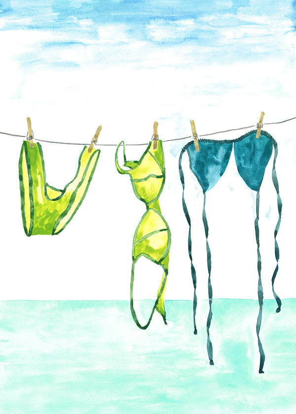 Illustration: Bikinis am Strand aufgehängt