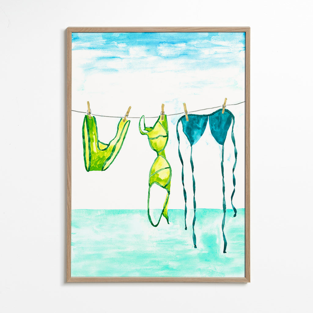 Illustration: Bikinis am Strand aufgehängt