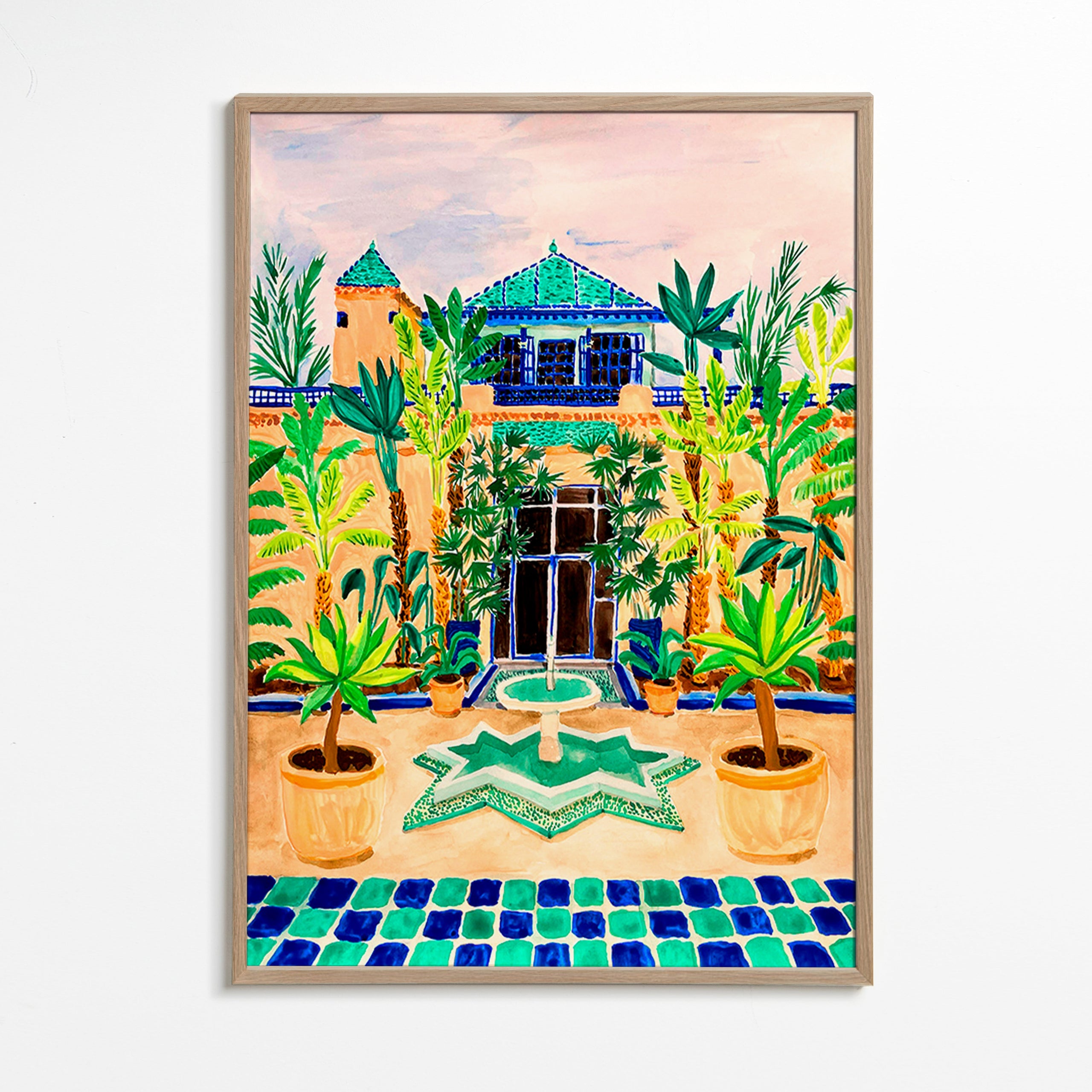 Botanischer Druck Innenhof mit Brunnen und Fliesen