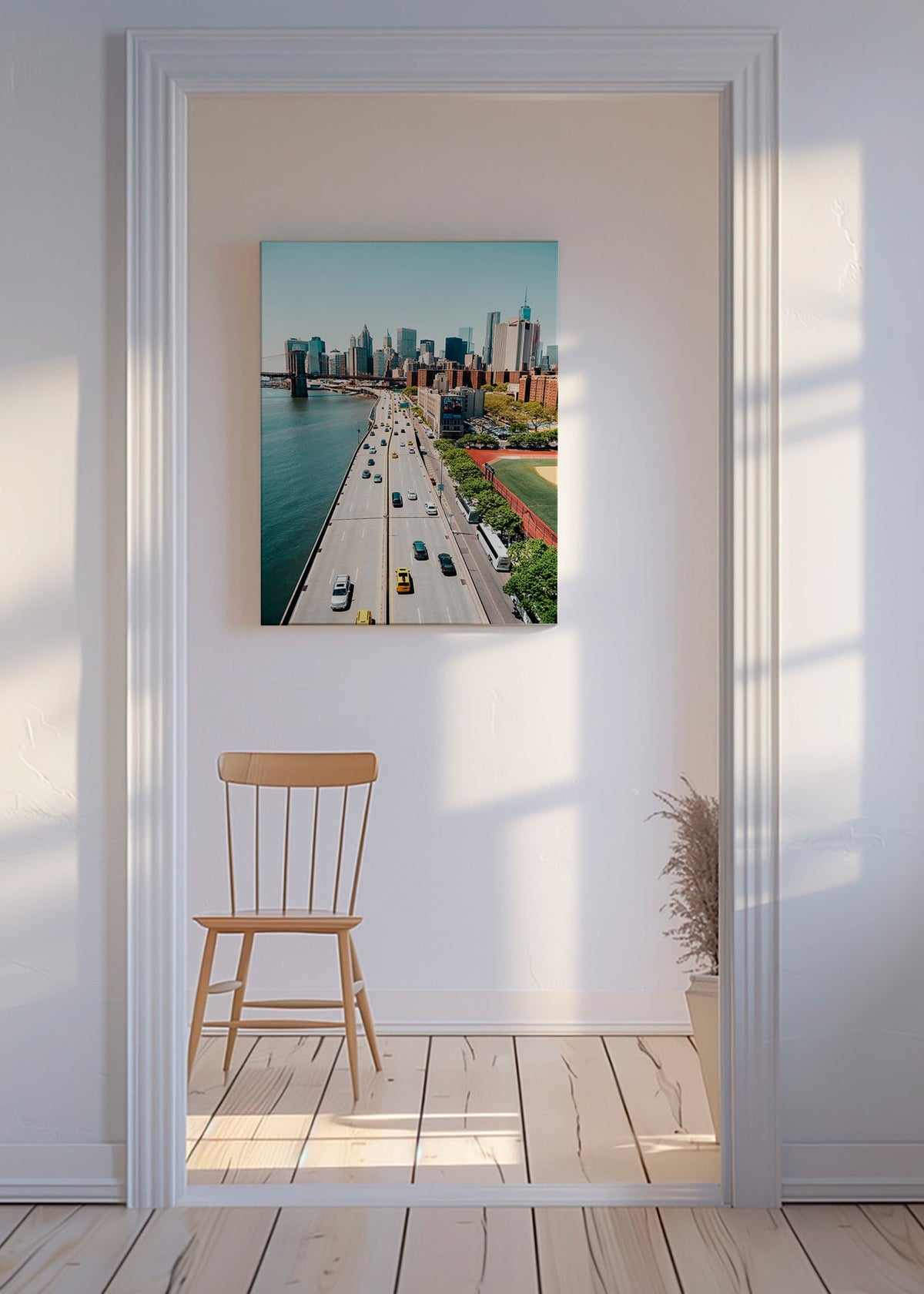 Küchenkunst: Skyline und Brücke aus der Höhe – Canvas