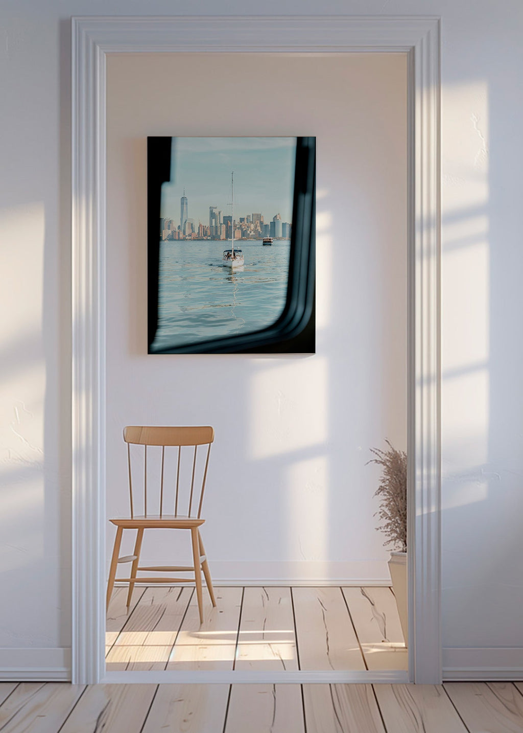Reisebild mit Segelboot vor Skyline – Canvas