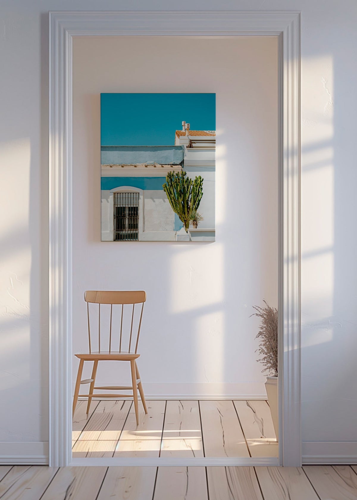 Botanischer Druck: mediterrane Fassade mit Kaktus – Canvas