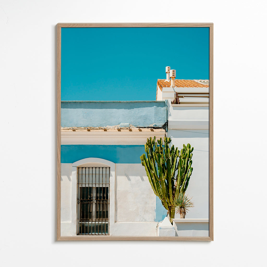 Botanischer Druck: mediterrane Fassade mit Kaktus – Oak Frame