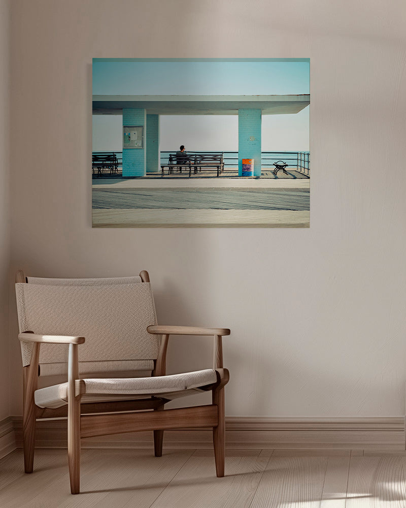 Molo-Fotografie mit einsamer Bank – Canvas