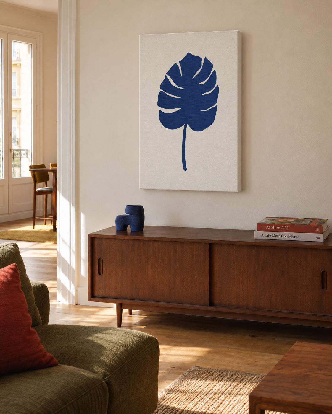Monstera Canvas Blue - Unframed canvas in an interior