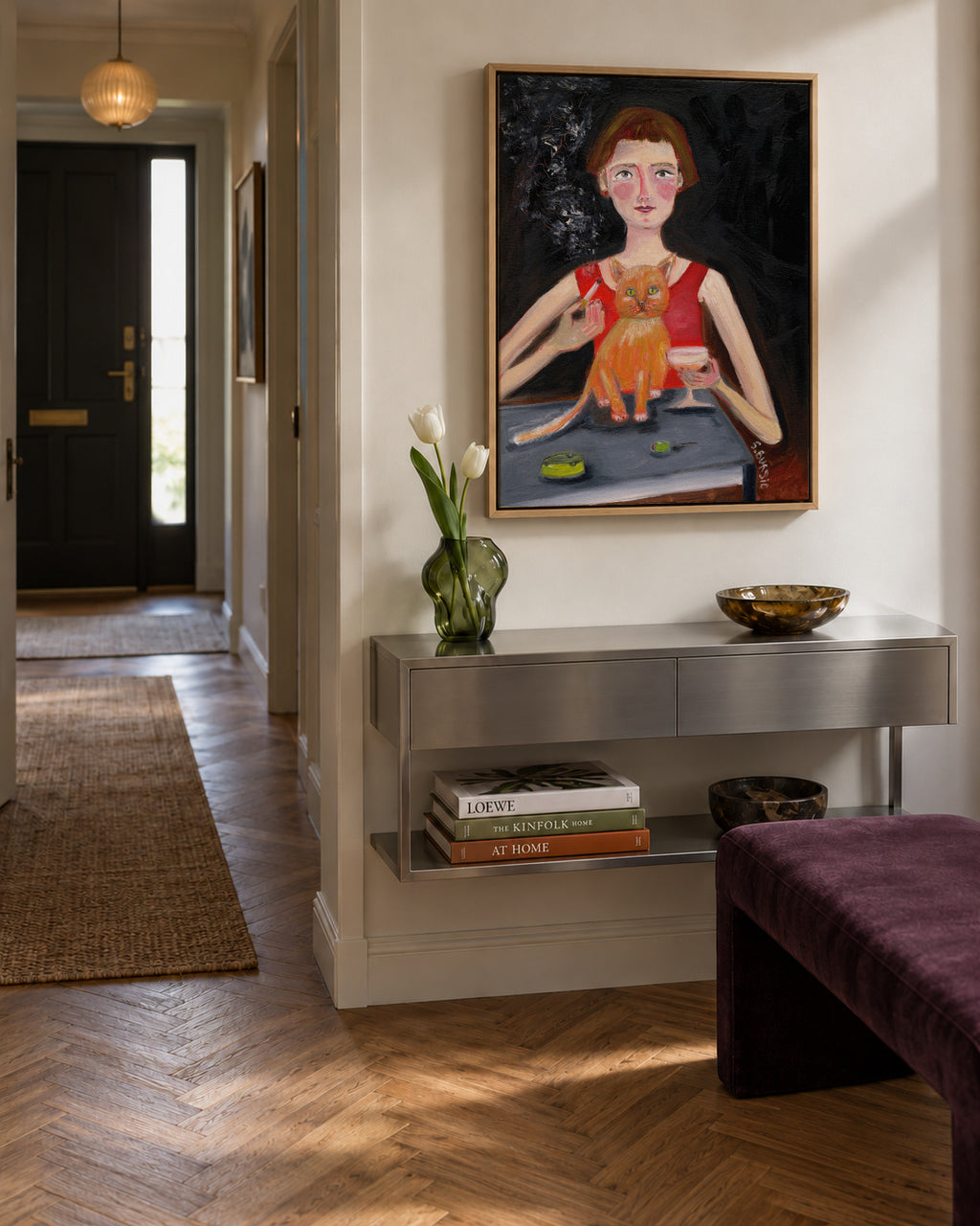 Vintage woman with cocktail and cat - Framed canvas in an interior