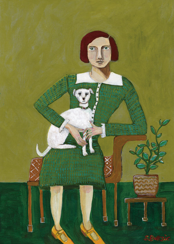 Vintage Lady with her white dog - Sharyn Bursic