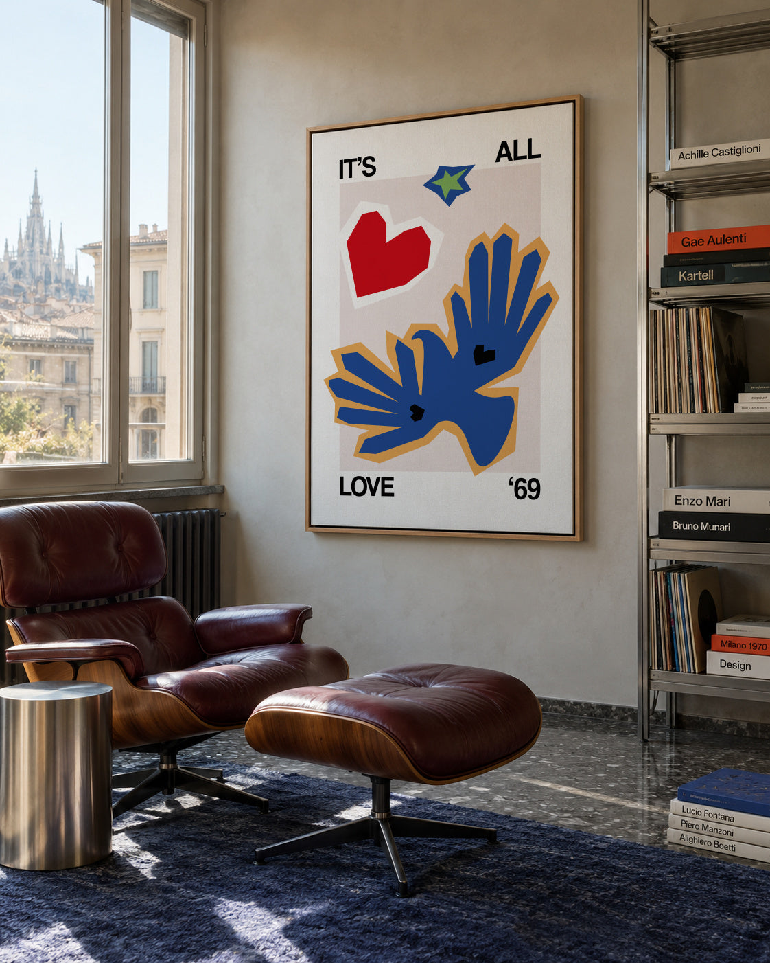 It's All Love '69 Bird Blue - Framed canvas in an interior