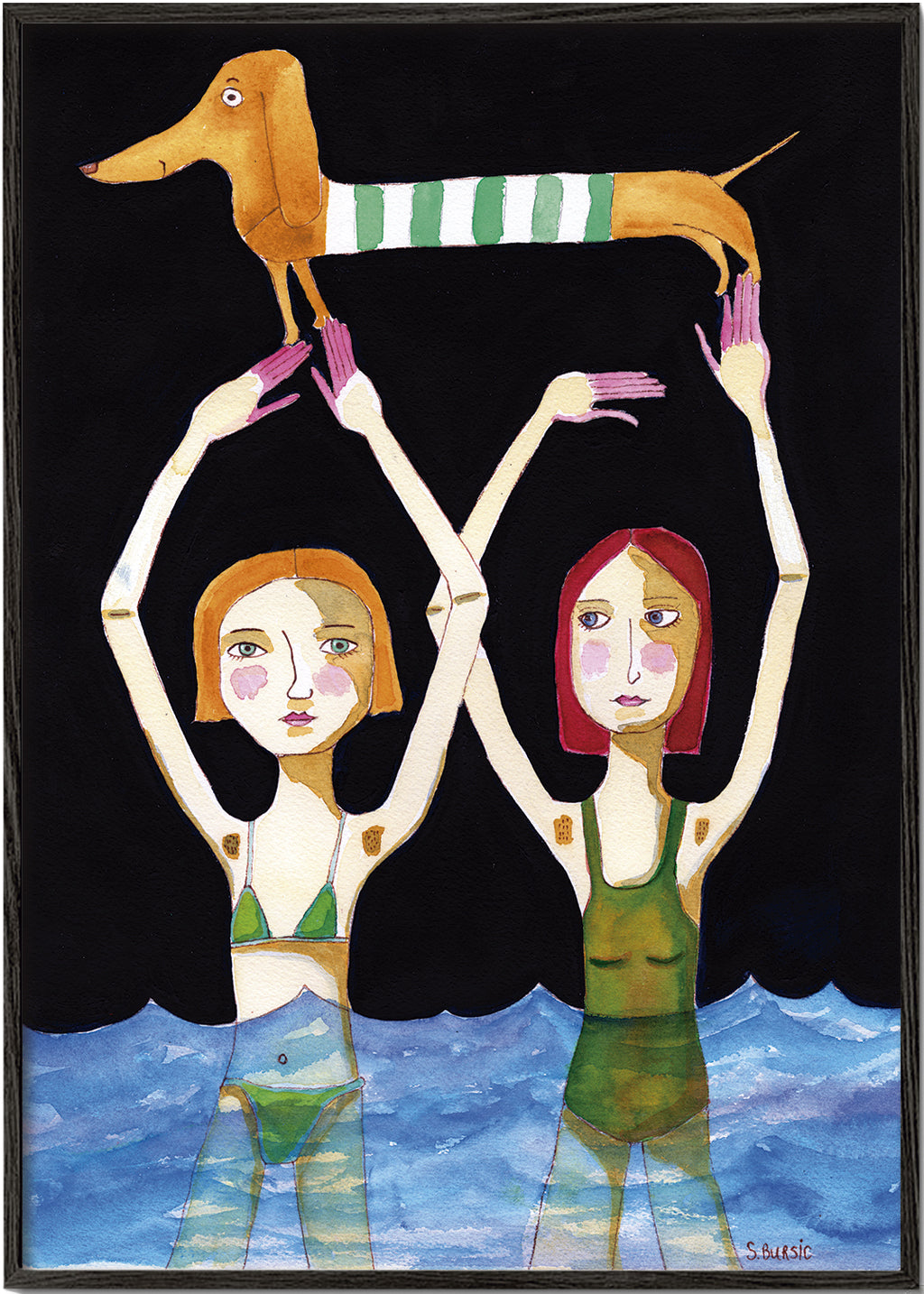 Swimming Girls with Sausage Dog - Sharyn Bursic