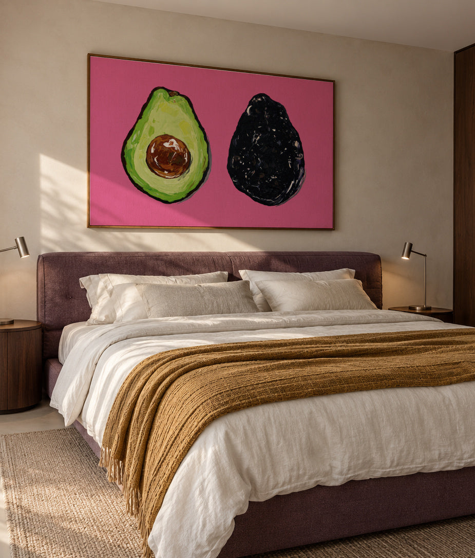 Avocado On Pink - Framed canvas in an interior
