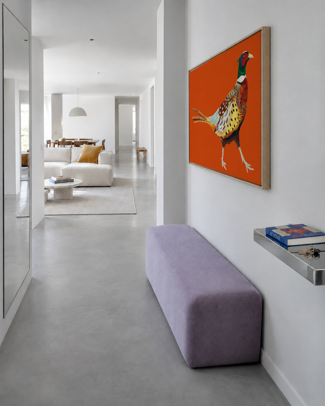 Strutting Pheasant On Orange - Framed canvas in an interior