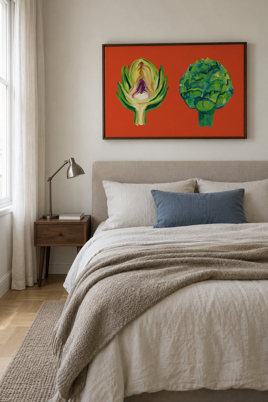 Artichokes On Orange - Framed canvas in an interior