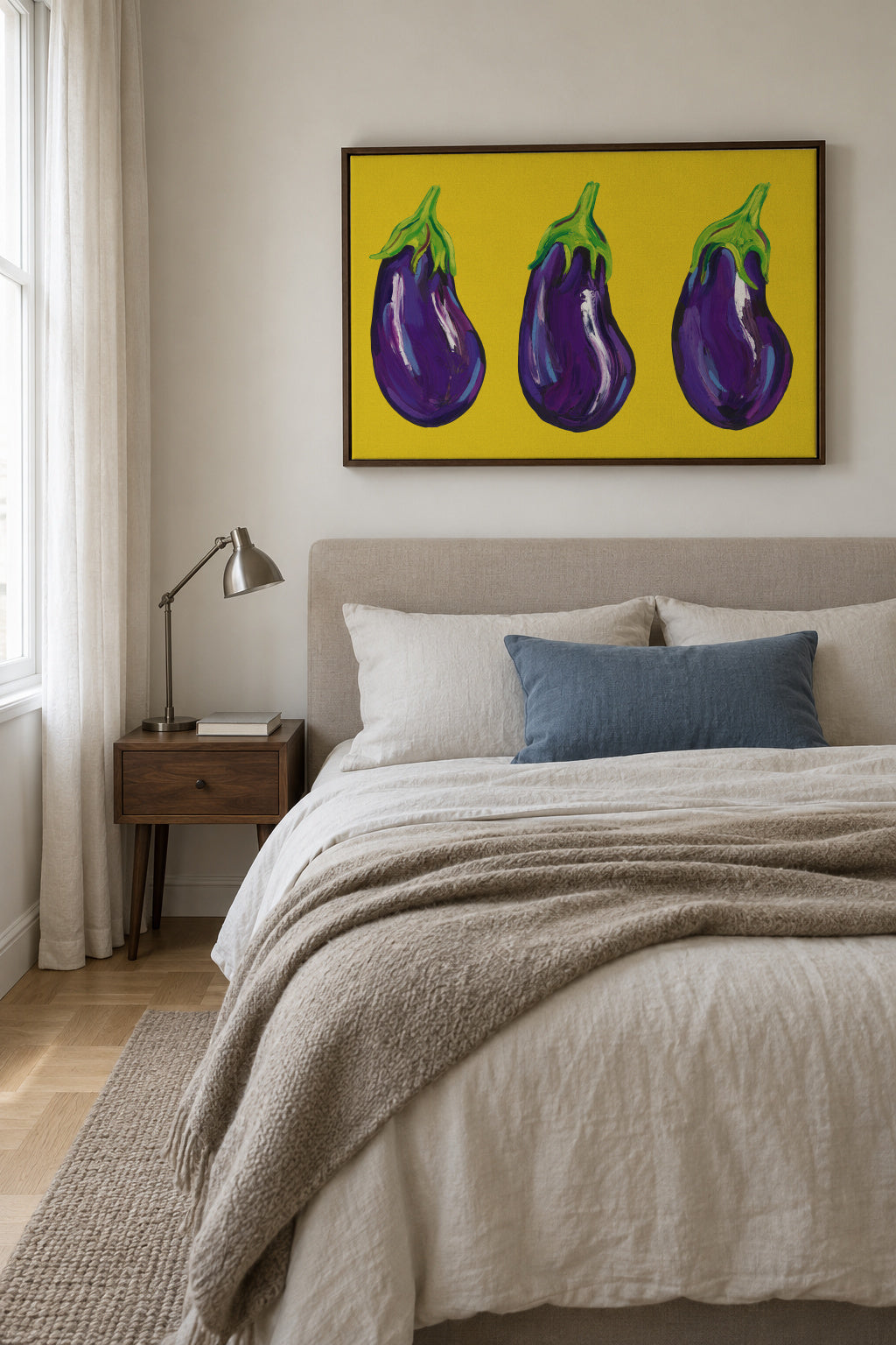 Aubergines On Yellow - Framed canvas in an interior