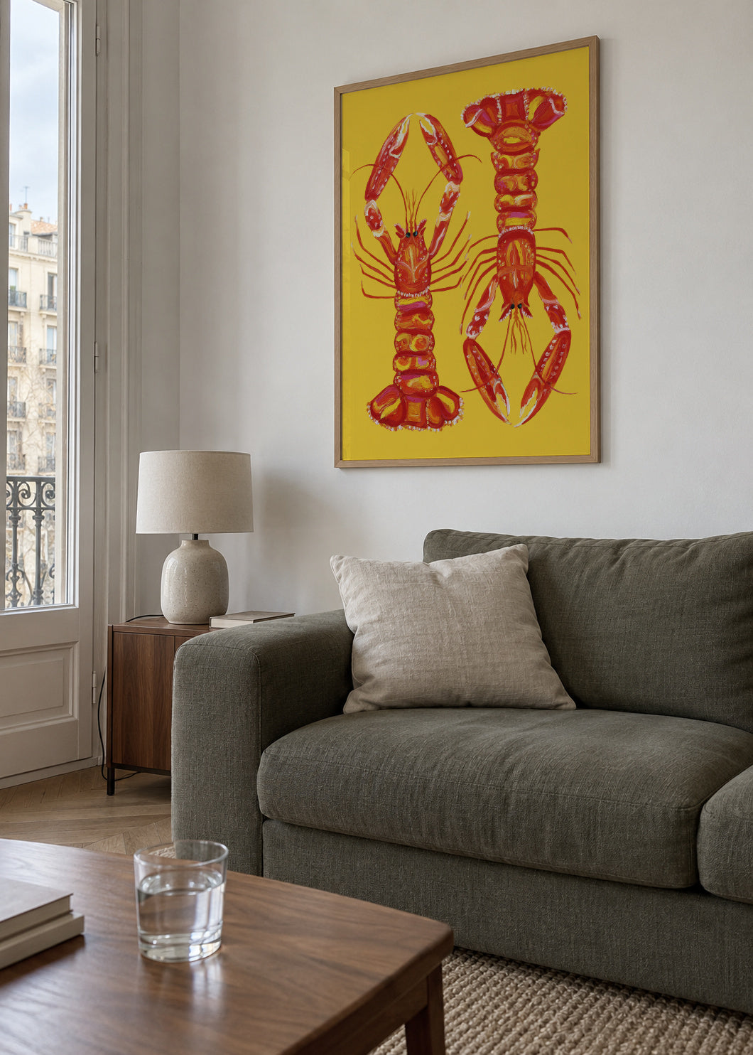 Langoustines On Yellow - Framed poster in an interior