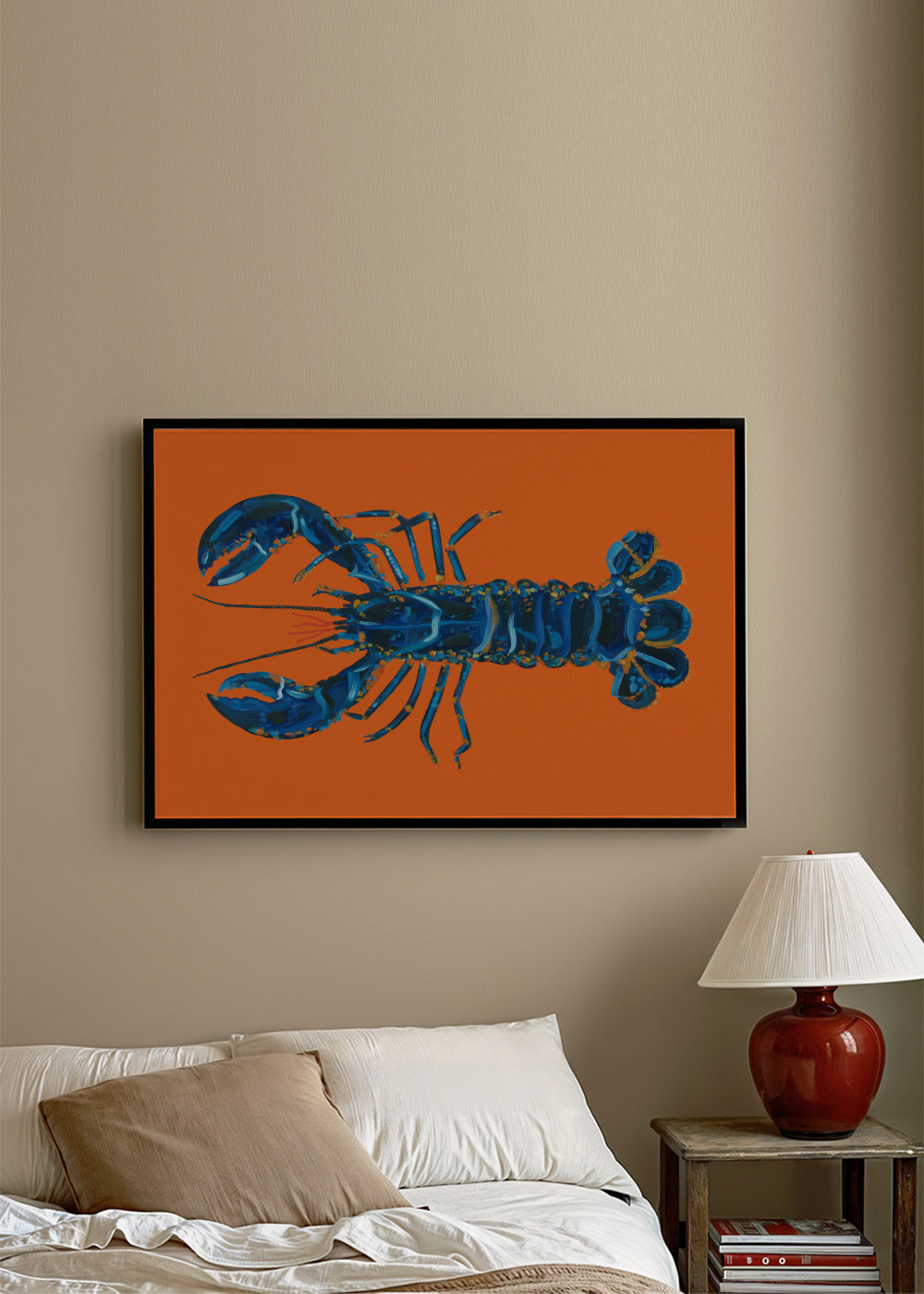 Lobster On Orange - Framed poster in an interior