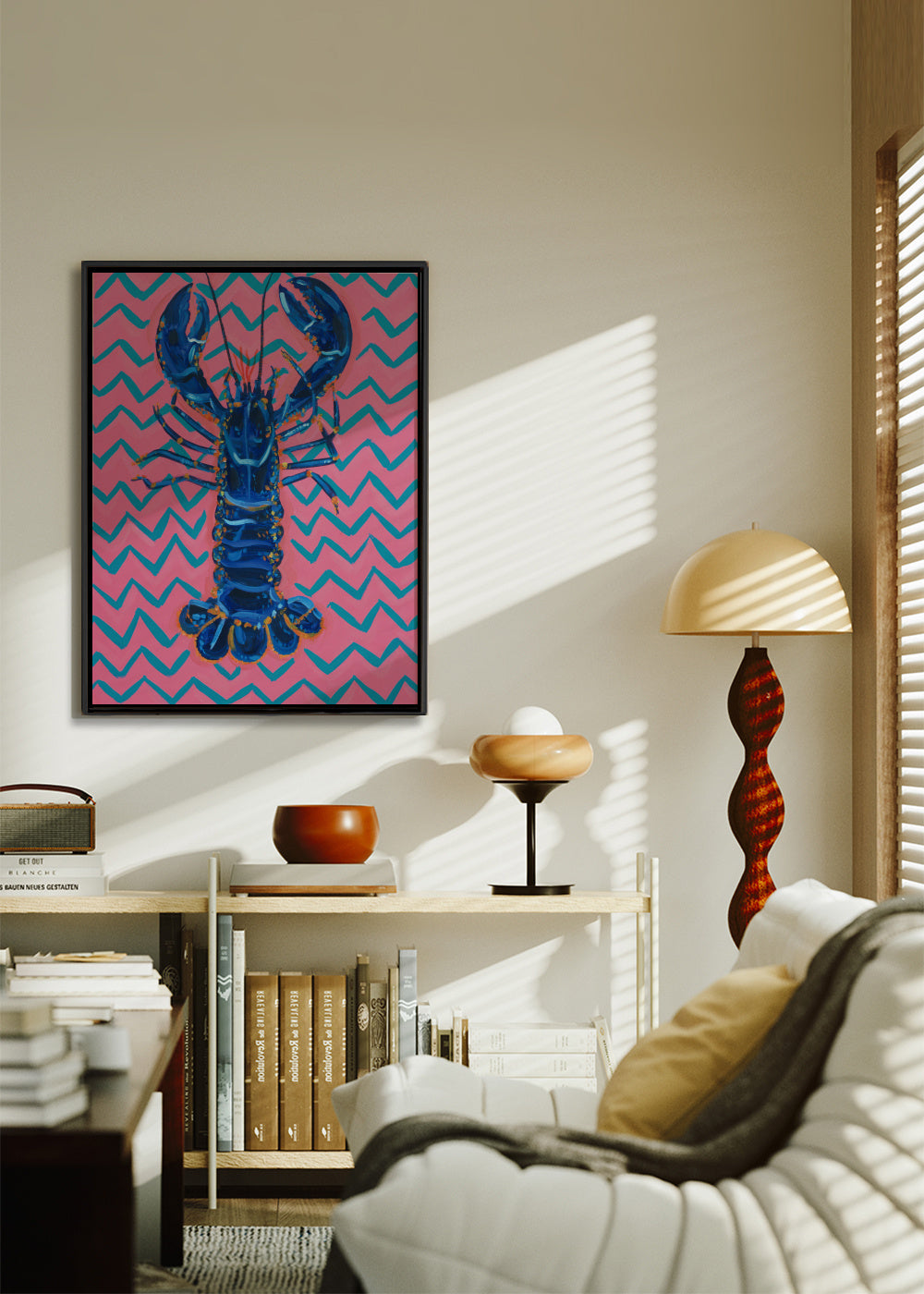Lobster On Zigzag - Framed canvas in an interior