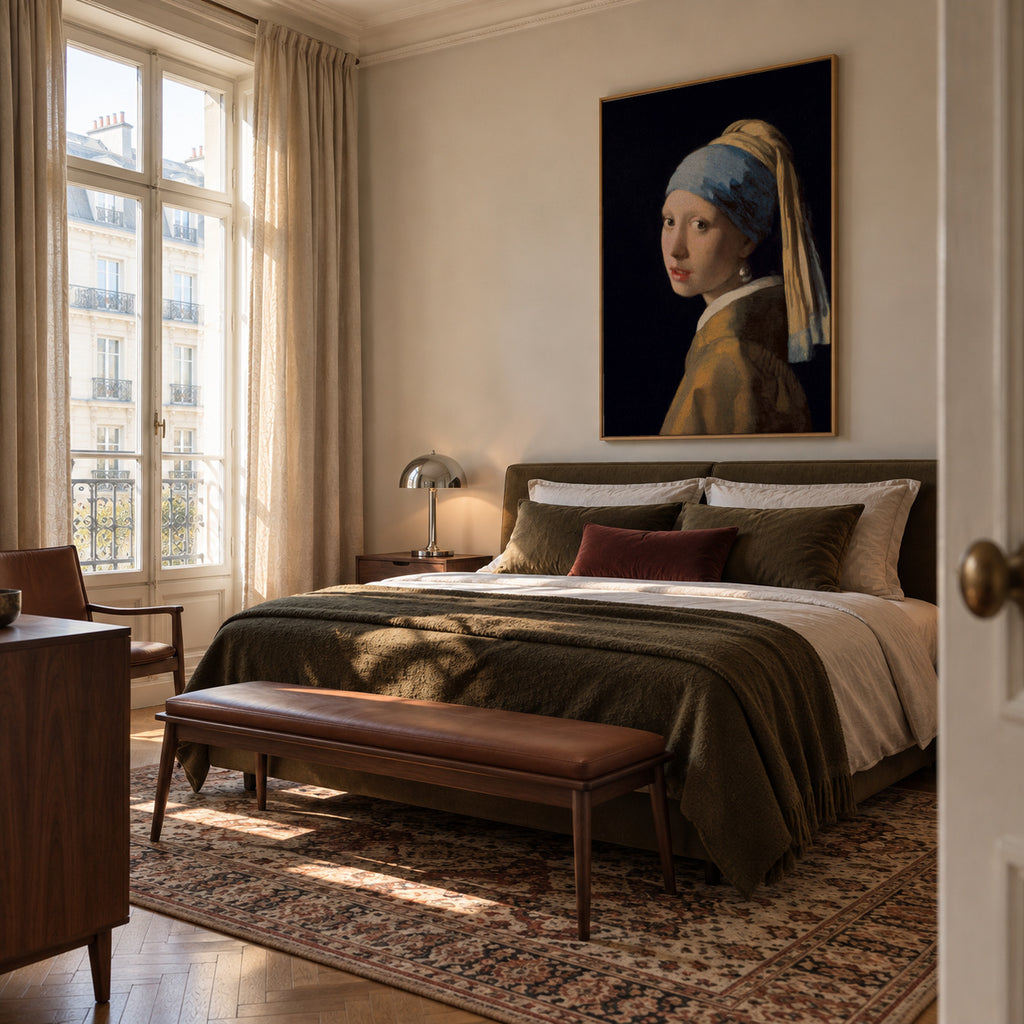 Girl with a pearl earring - Johannes Vermeer - Framed canvas in an interior