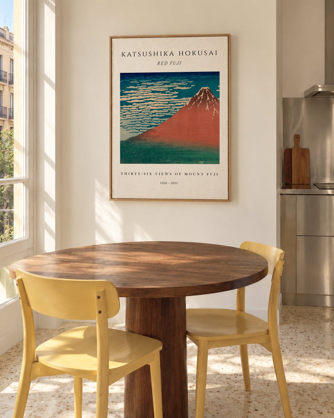 Red Fuji Exhibition White - Katsushika Hokusai - Framed canvas in an interior