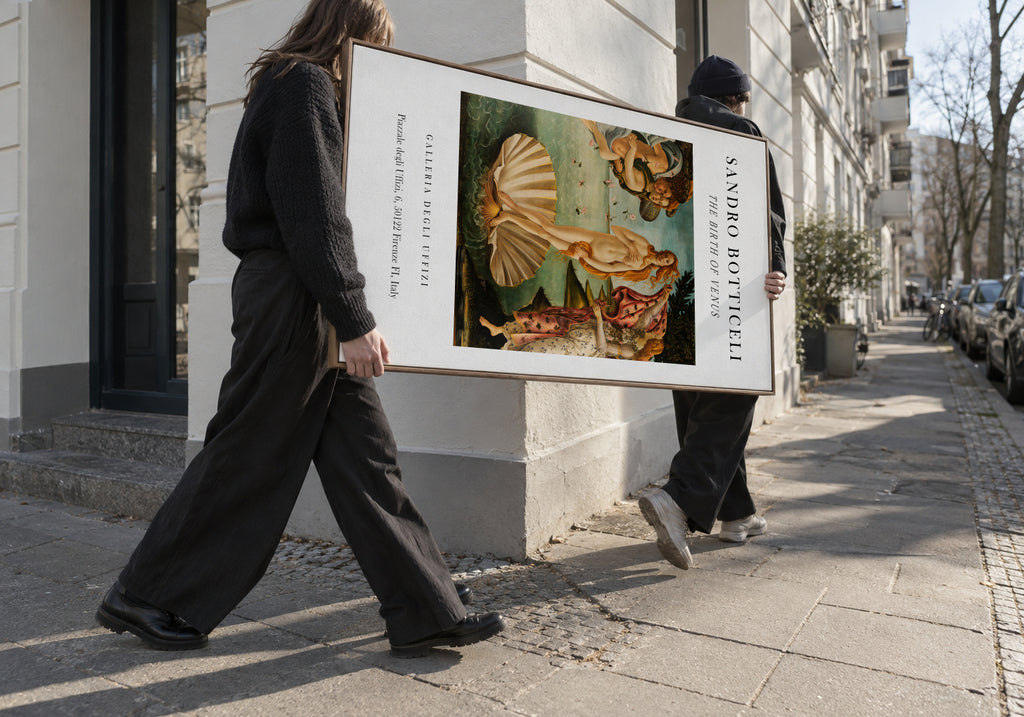 La Nascita di Venere Exhibition White - Sandro Botticelli - Framed canvas in an interior