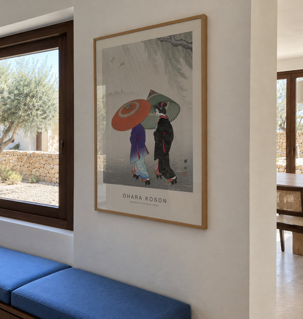Geisha in the Rain (Special Edition) - Ohara Koson - Framed poster in an interior