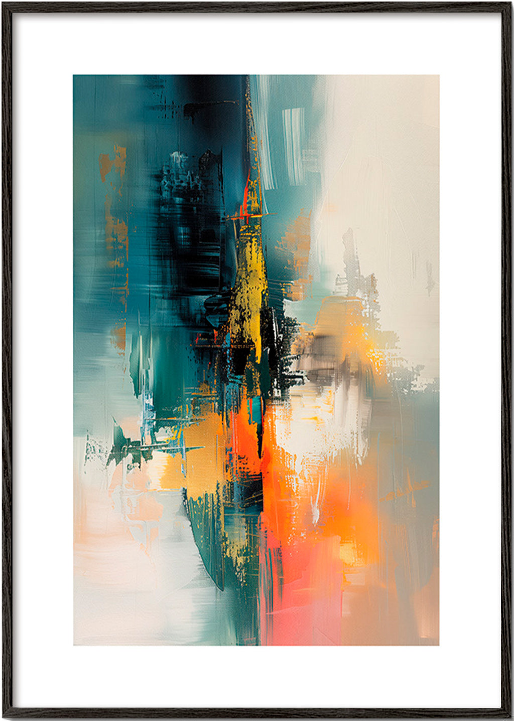 Abstraktes Bild vertikal mit blau-orangen Pinselstrichen – Black Frame