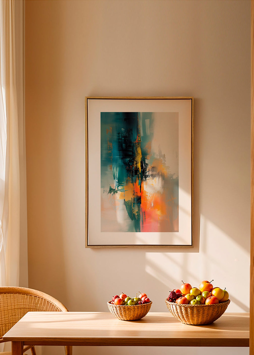 Abstraktes Bild vertikal mit blau-orangen Pinselstrichen – Canvas2