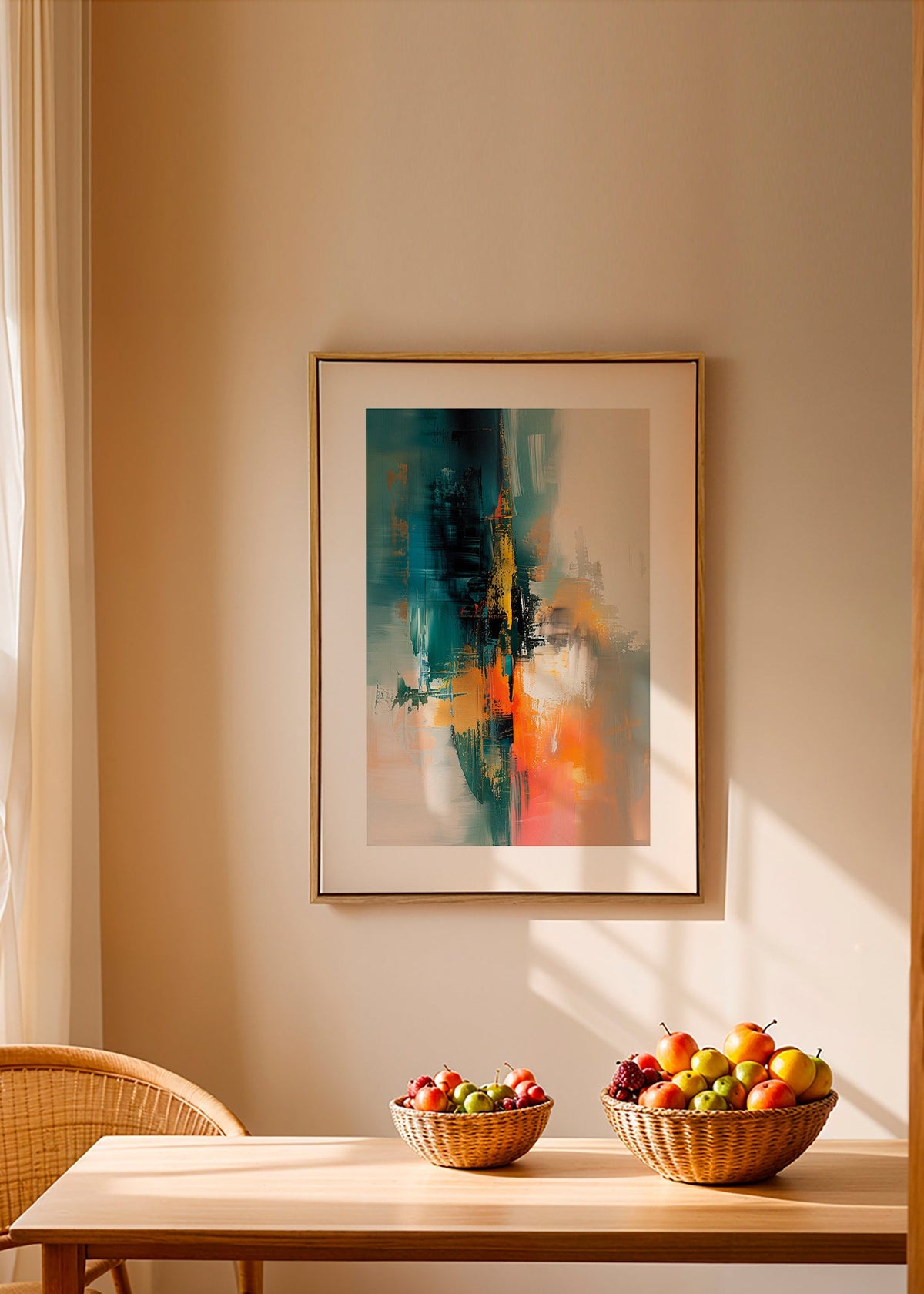 Abstraktes Bild vertikal mit blau-orangen Pinselstrichen – Canvas2