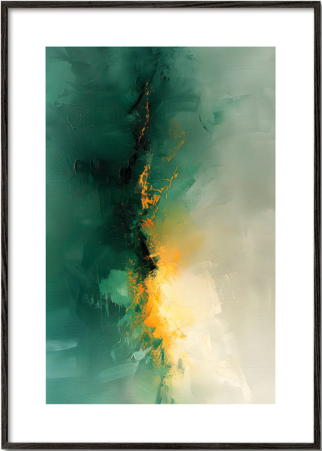 Abstraktes Bild Grün und Gold - Dämmerung – Black Frame