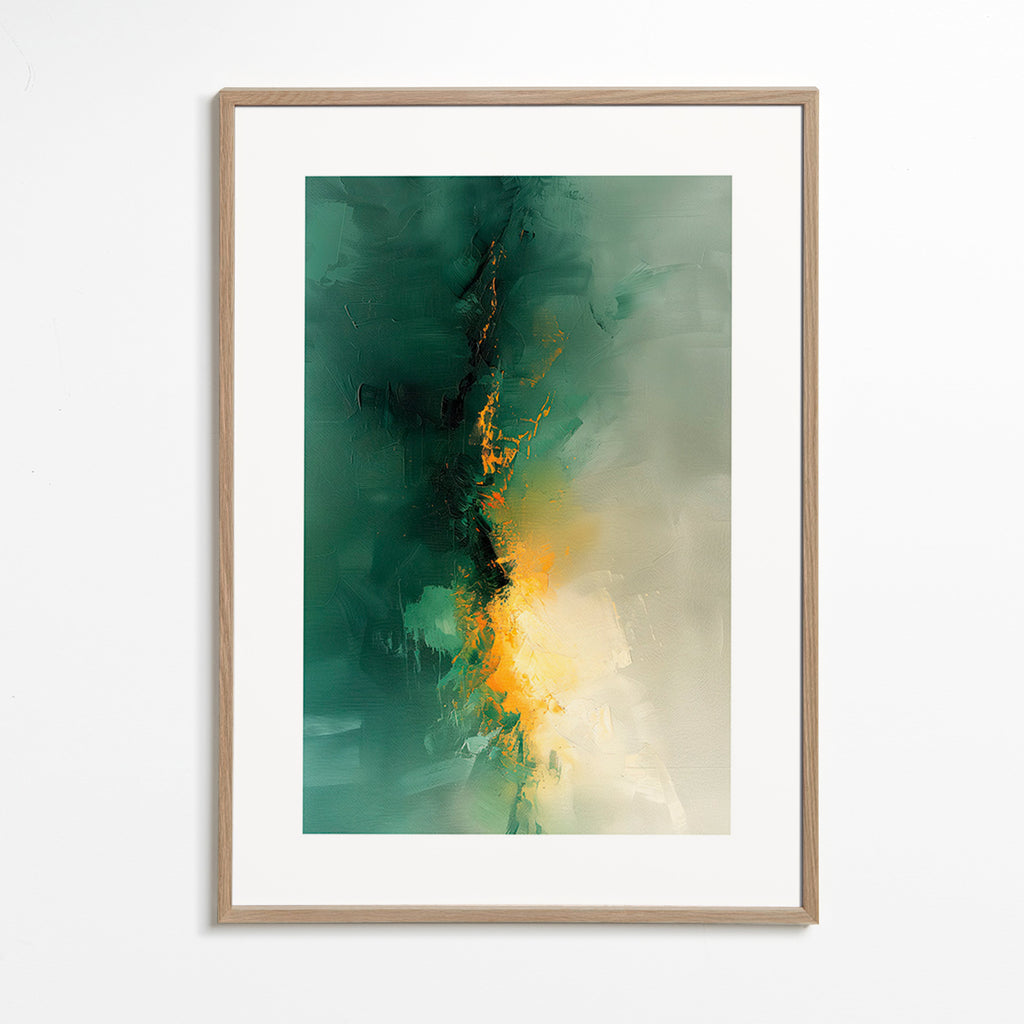 Abstraktes Bild Grün und Gold - Dämmerung – Oak Frame