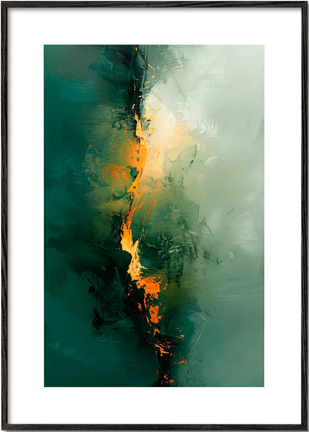 Abstraktes Bild mit grünen Streifen und orangen Akzenten – Black Frame