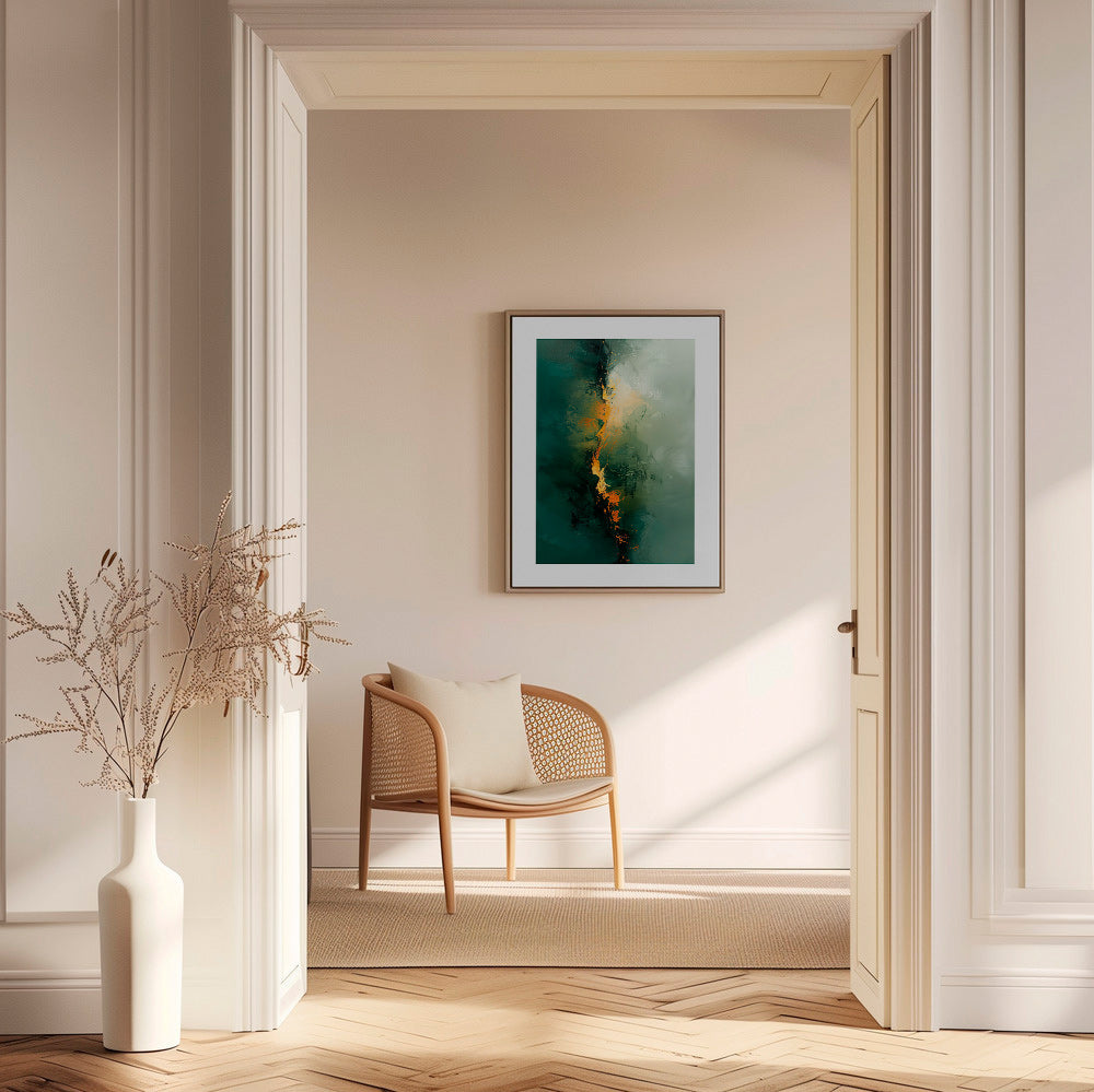Abstraktes Bild mit grünen Streifen und orangen Akzenten – Canvas2