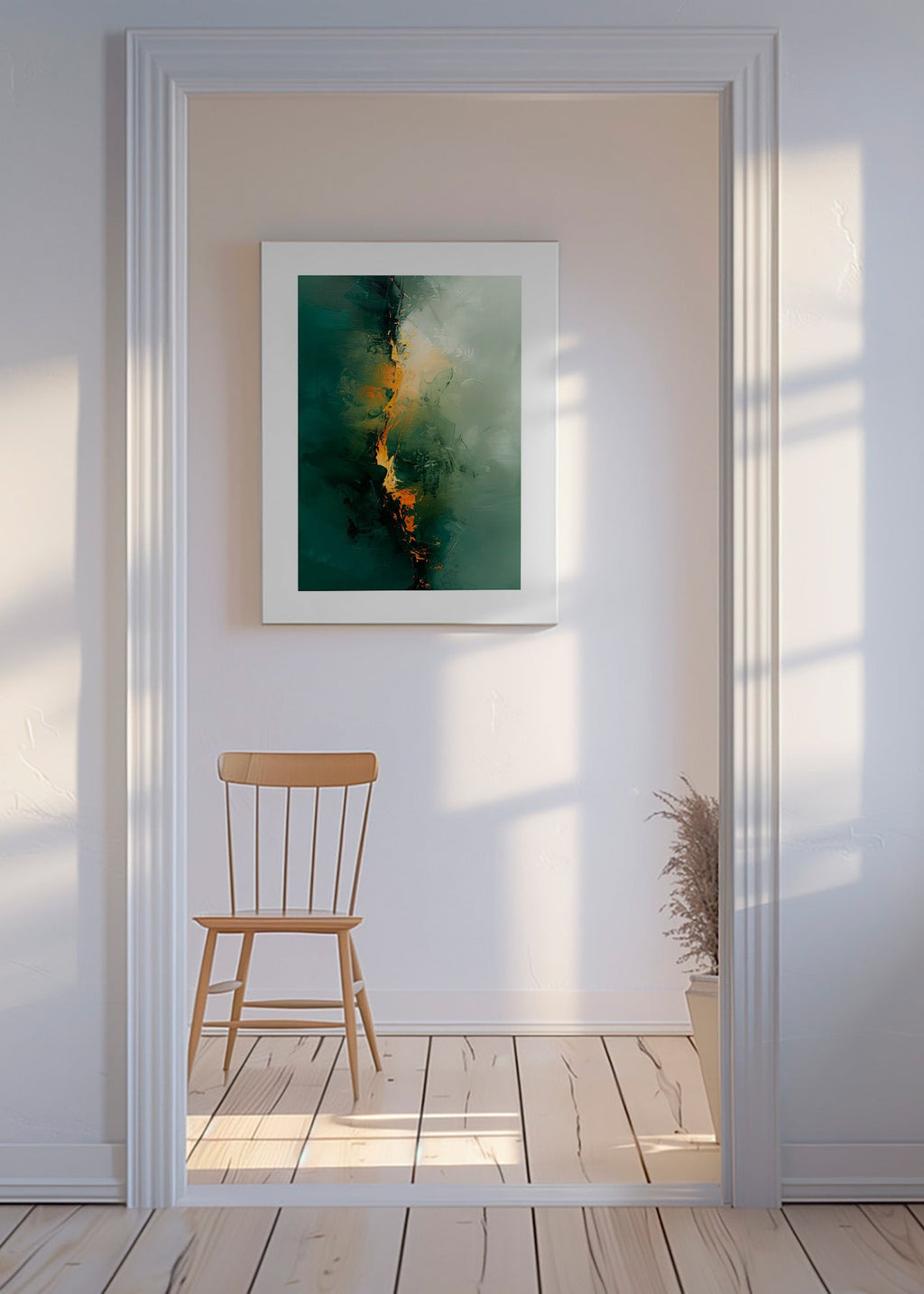 Abstraktes Bild mit grünen Streifen und orangen Akzenten – Canvas