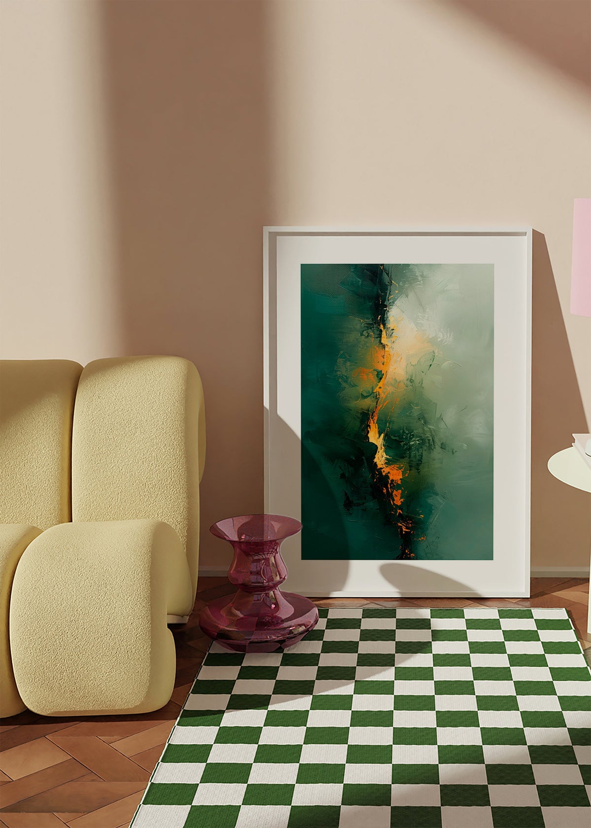 Abstraktes Bild mit grünen Streifen und orangen Akzenten – Product1