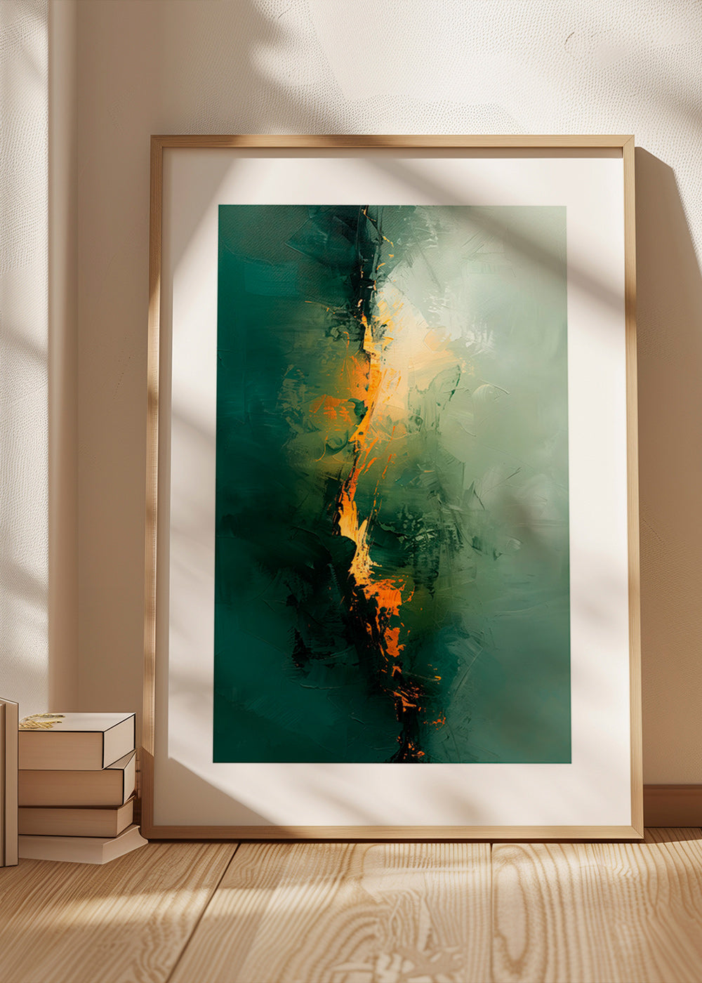 Abstraktes Bild mit grünen Streifen und orangen Akzenten – Product2