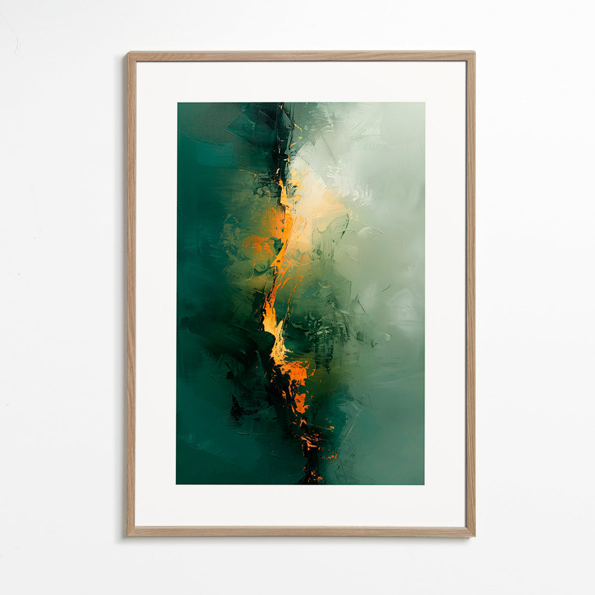 Abstraktes Bild mit grünen Streifen und orangen Akzenten – Oak Frame
