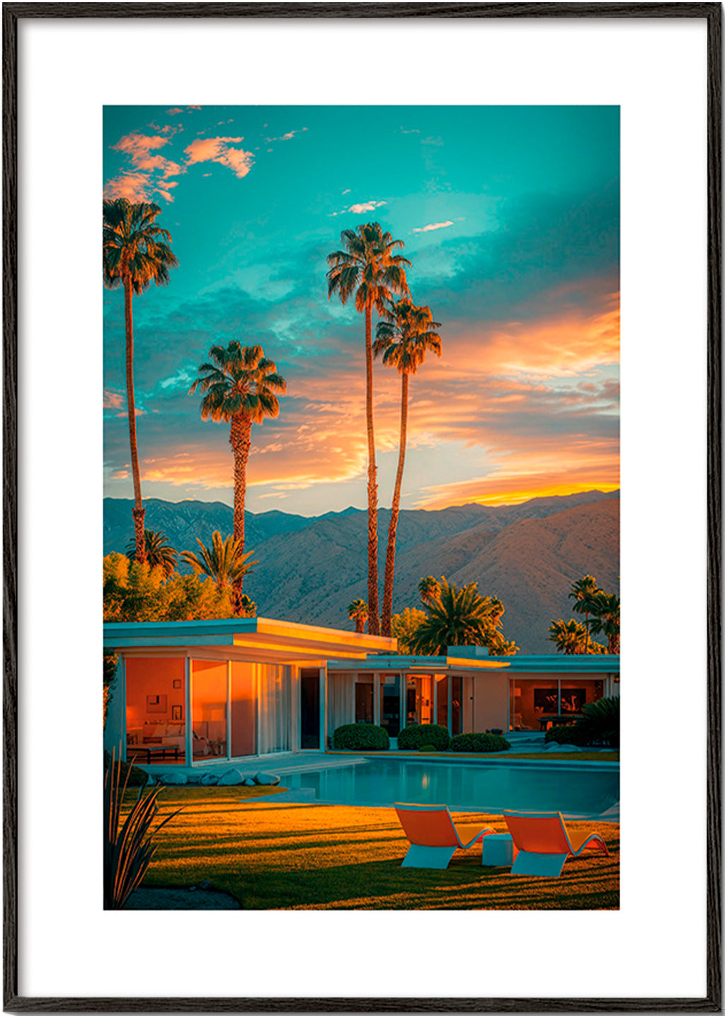 Landschaftskunst: Palmen und Sonnenuntergang am Pool – Black Frame