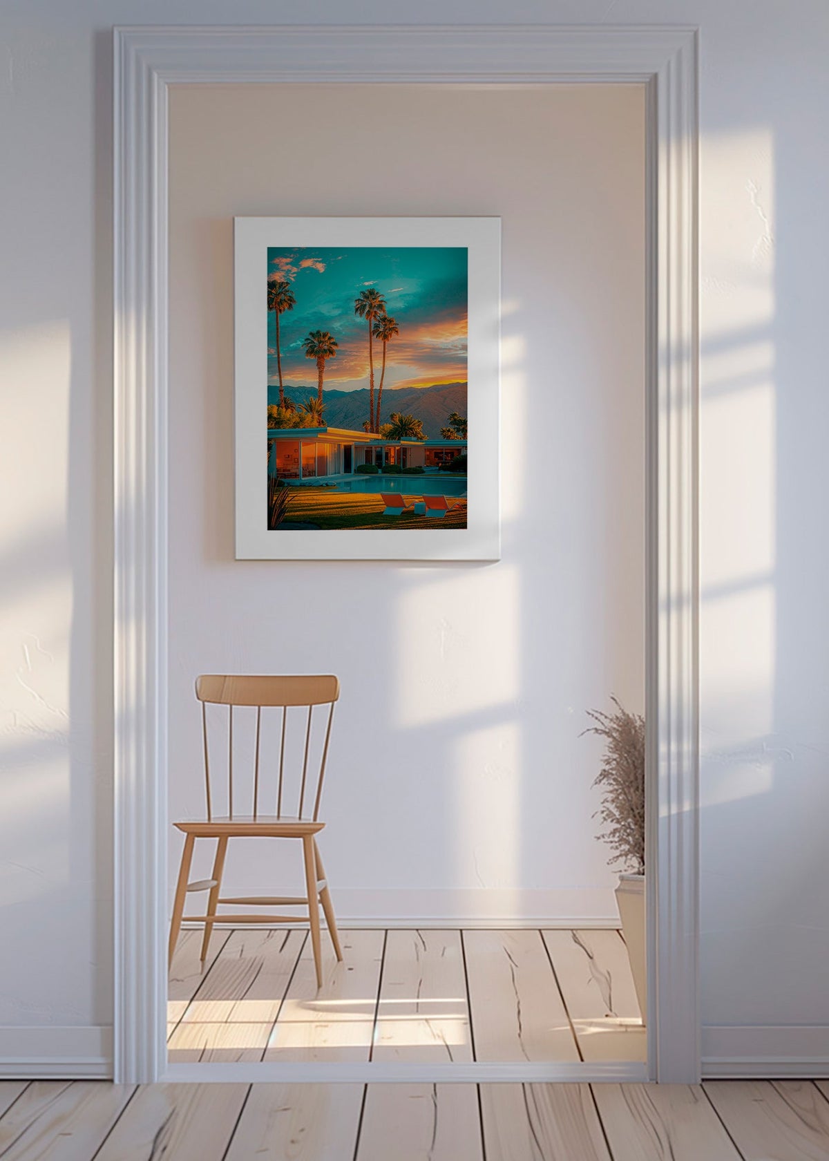 Landschaftskunst: Palmen und Sonnenuntergang am Pool – Canvas