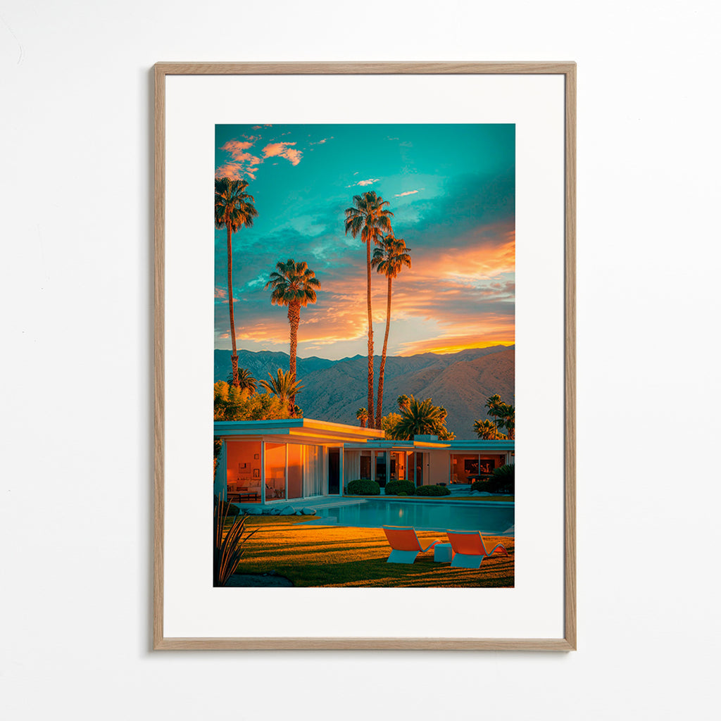 Landschaftskunst: Palmen und Sonnenuntergang am Pool – Oak Frame