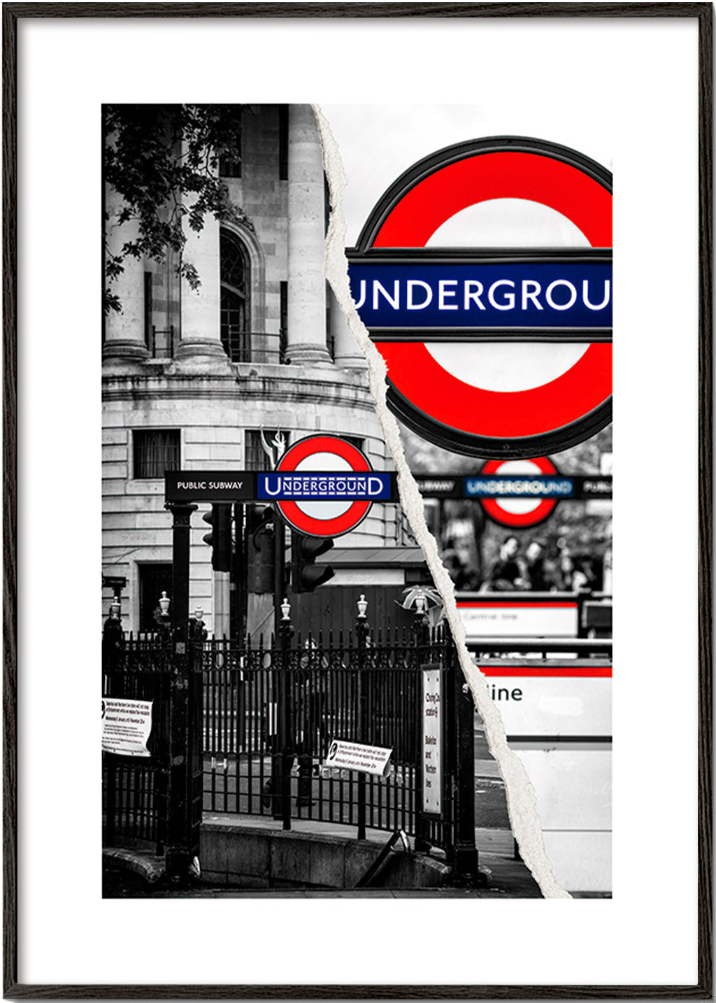 Stadtbild mit Underground-Schild aus London – Black Frame