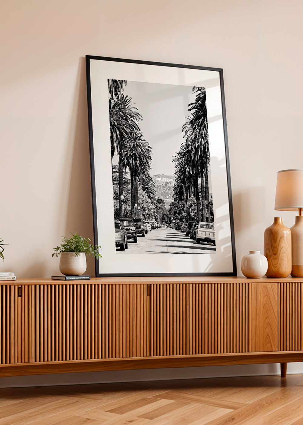 Reiseplakat Hollywood Palmenstraße in Schwarzweiß – Product3