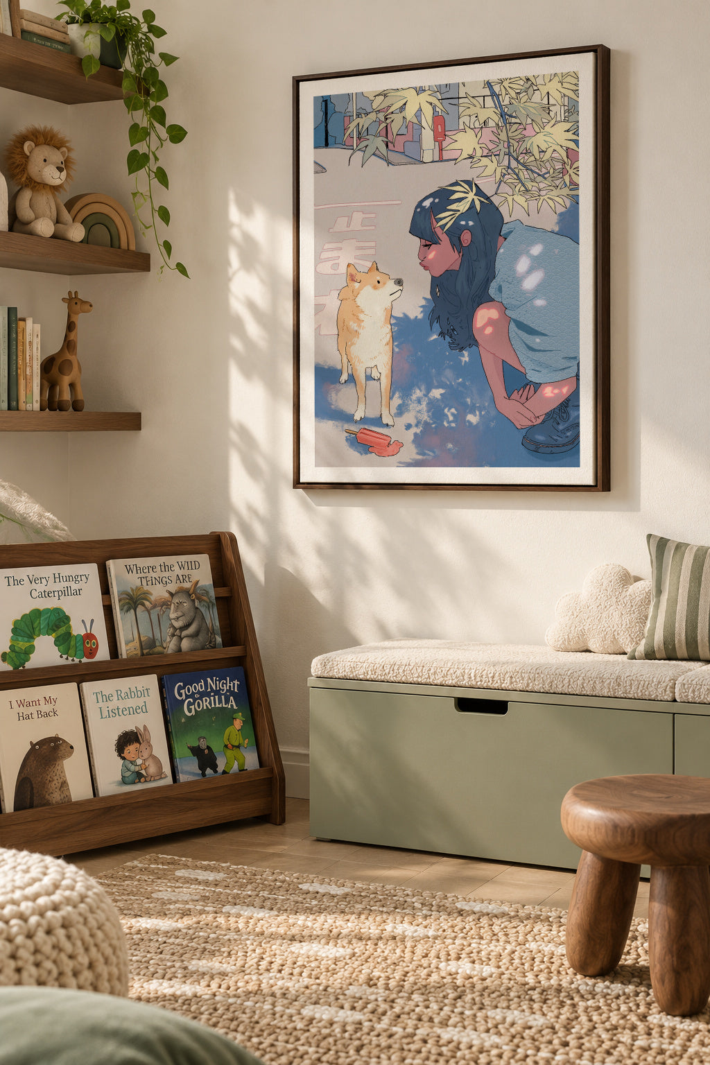 Girl & the Shiba - Framed canvas in an interior