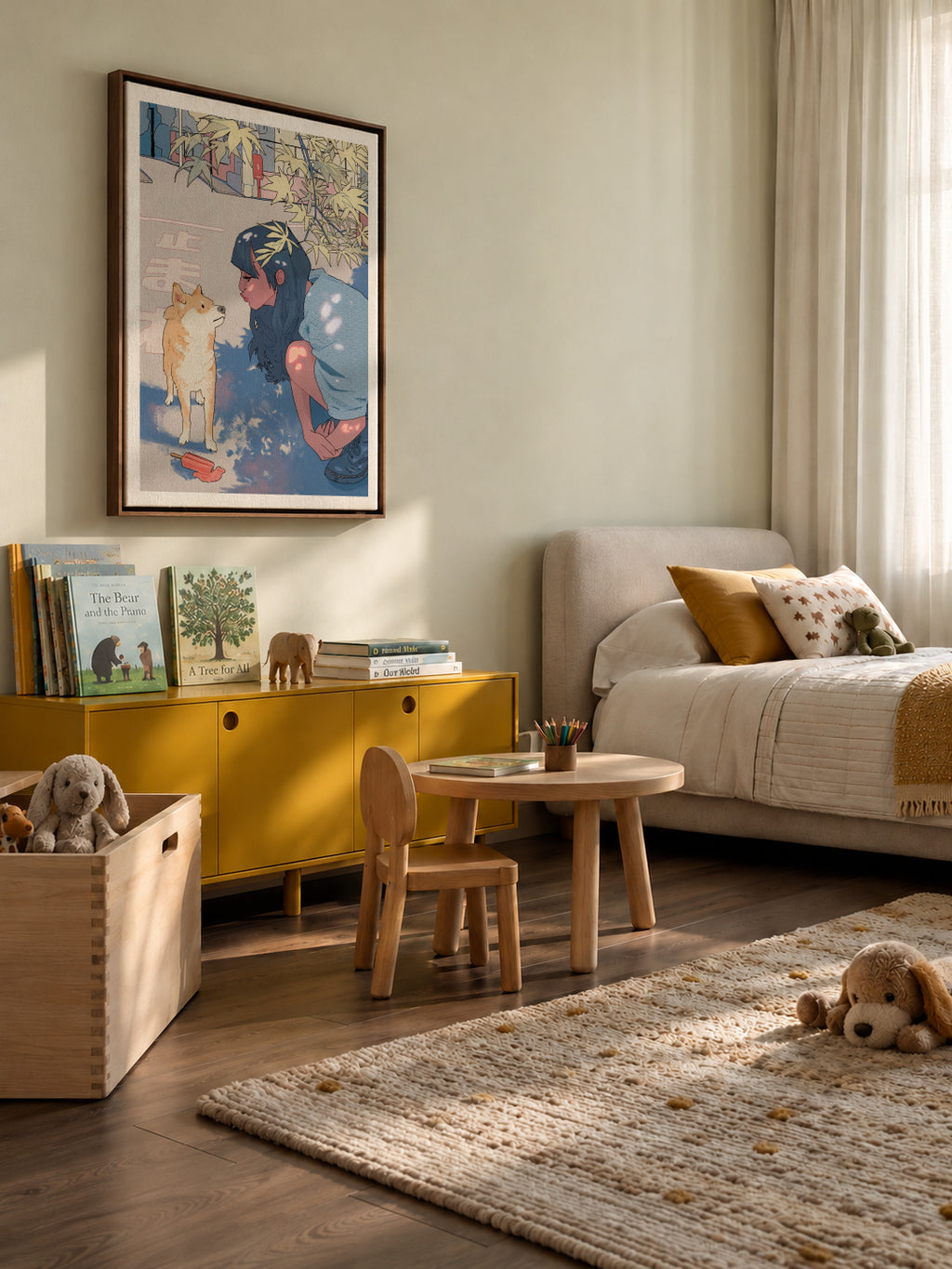 Girl & the Shiba - Framed canvas in an interior