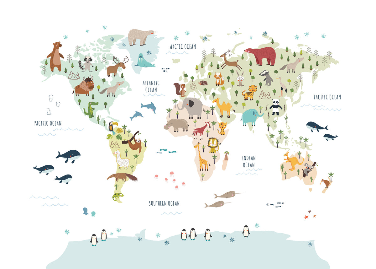 World Map with animals colours - Unframed art print