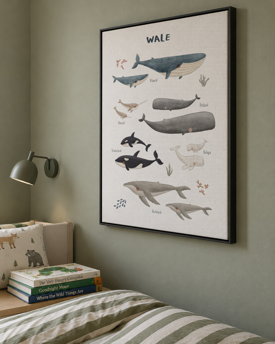 Ballenas fondo blanco (aleman) - Framed canvas in an interior