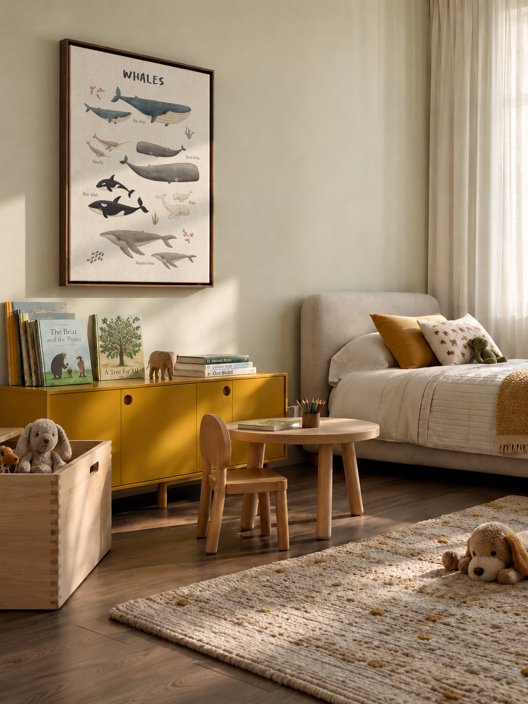 Ballenas fondo blanco (inglés) - Framed canvas in an interior