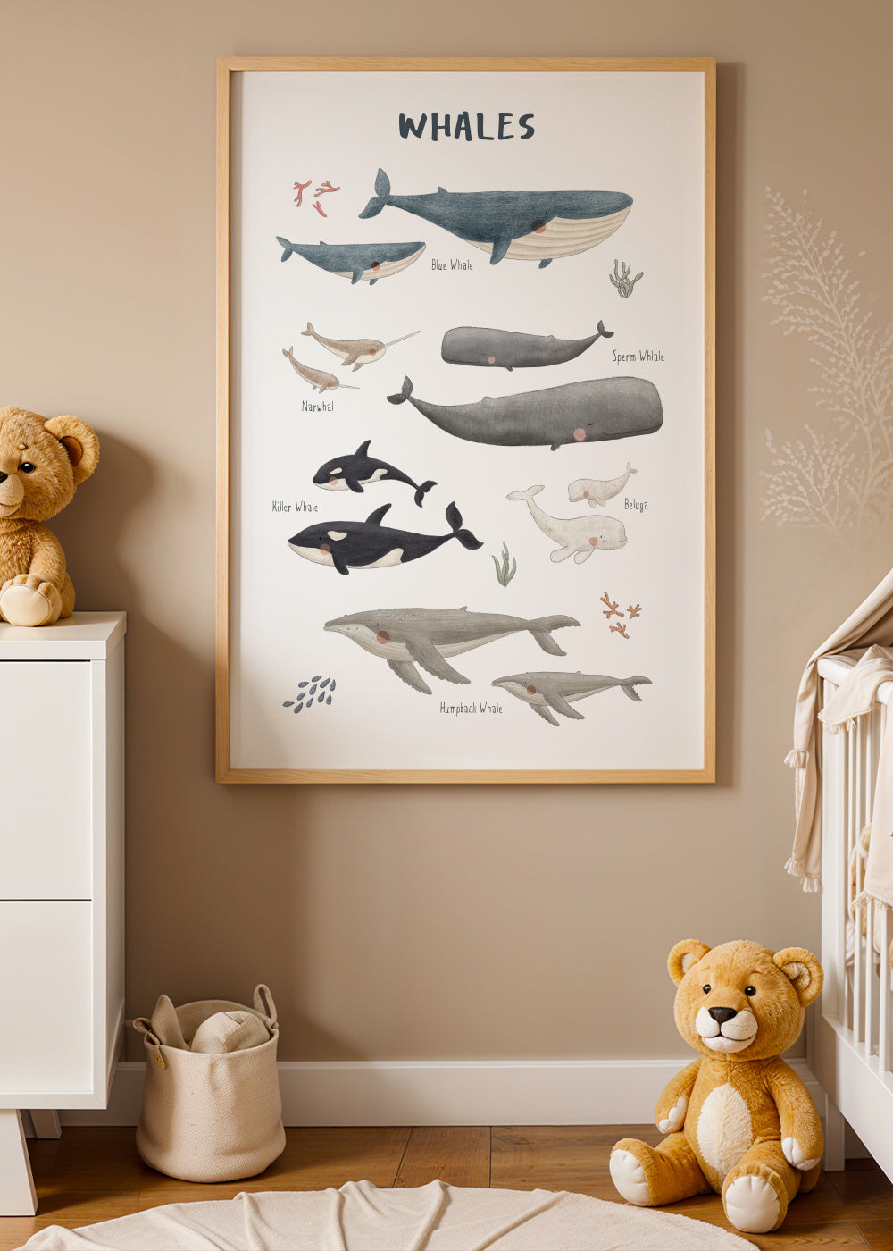 Ballenas fondo blanco (inglés) - Framed poster in an interior