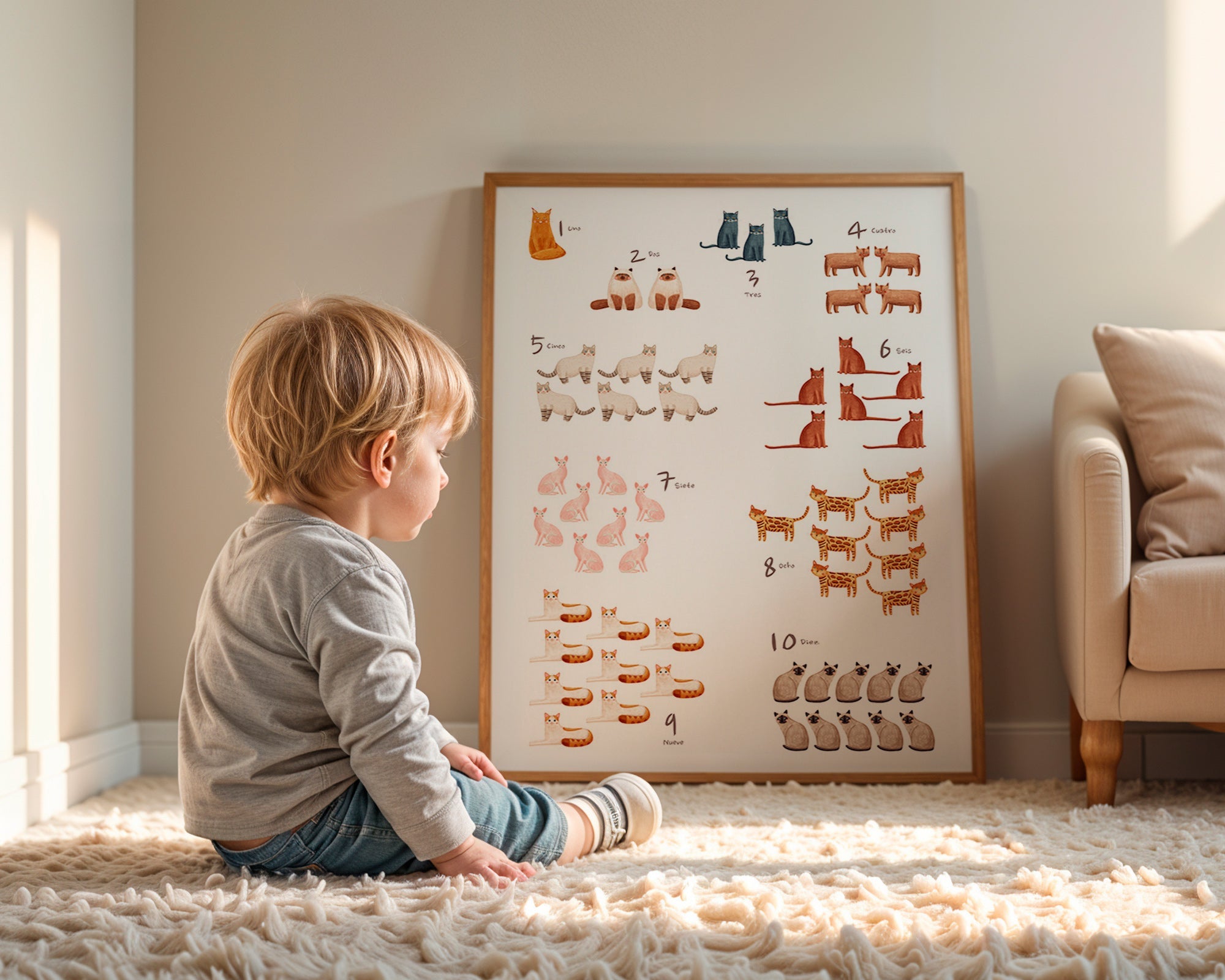 Kinderbild: Zahlen mit verspielten Katzen